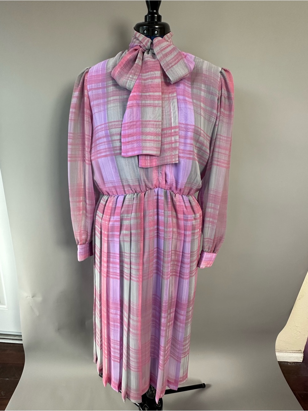 Vintage 80’s Secretary Chiffon Pink Plaid Tie-Neck Midi Dress